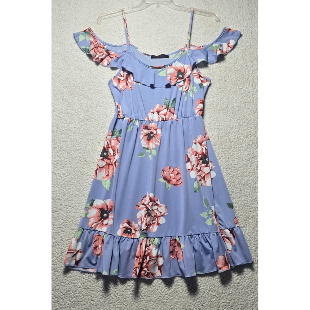 Love For Humanity Couture Cold Shoulder Floral Ruffle Mini Dress Blue Coral L